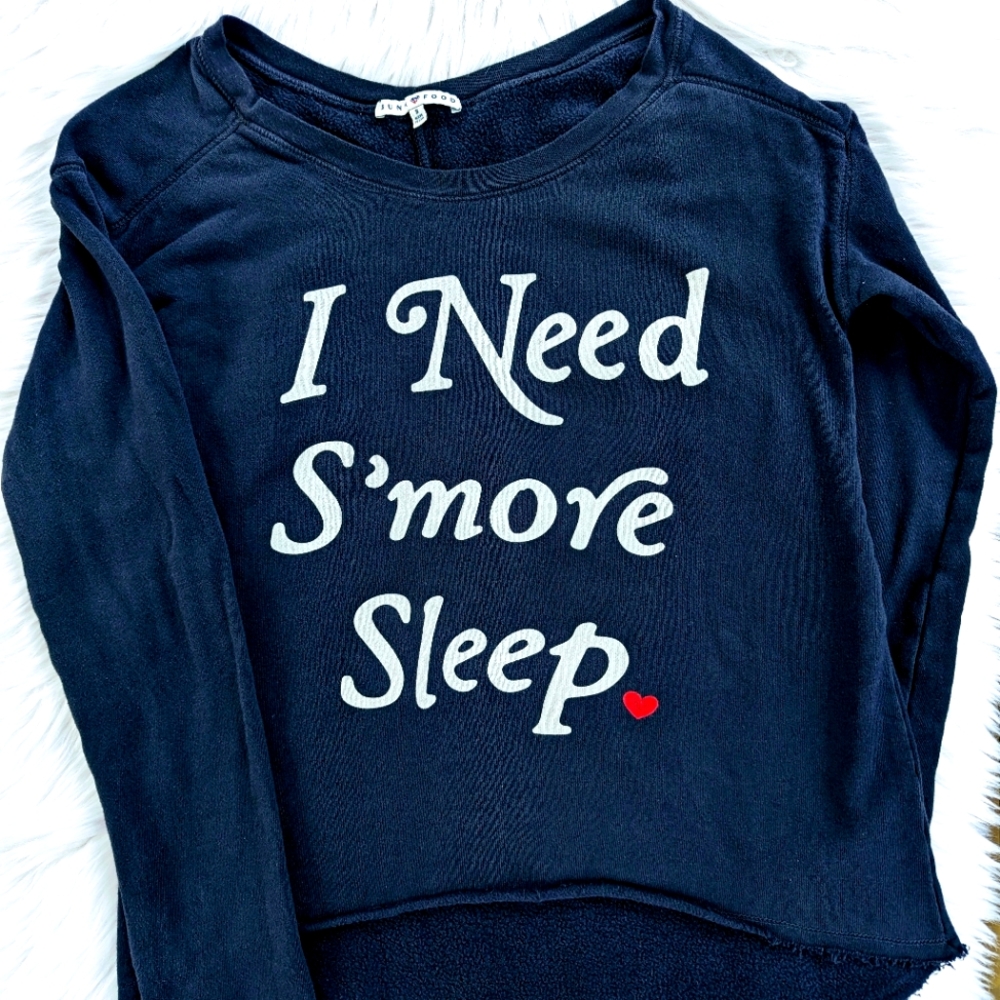 JUNK FOOD I Need S'mores sleep sweater size S, Deep Blue with white lettering